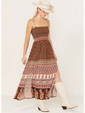 Shyanne Border Print Western Smocked Boho Maxi Dress